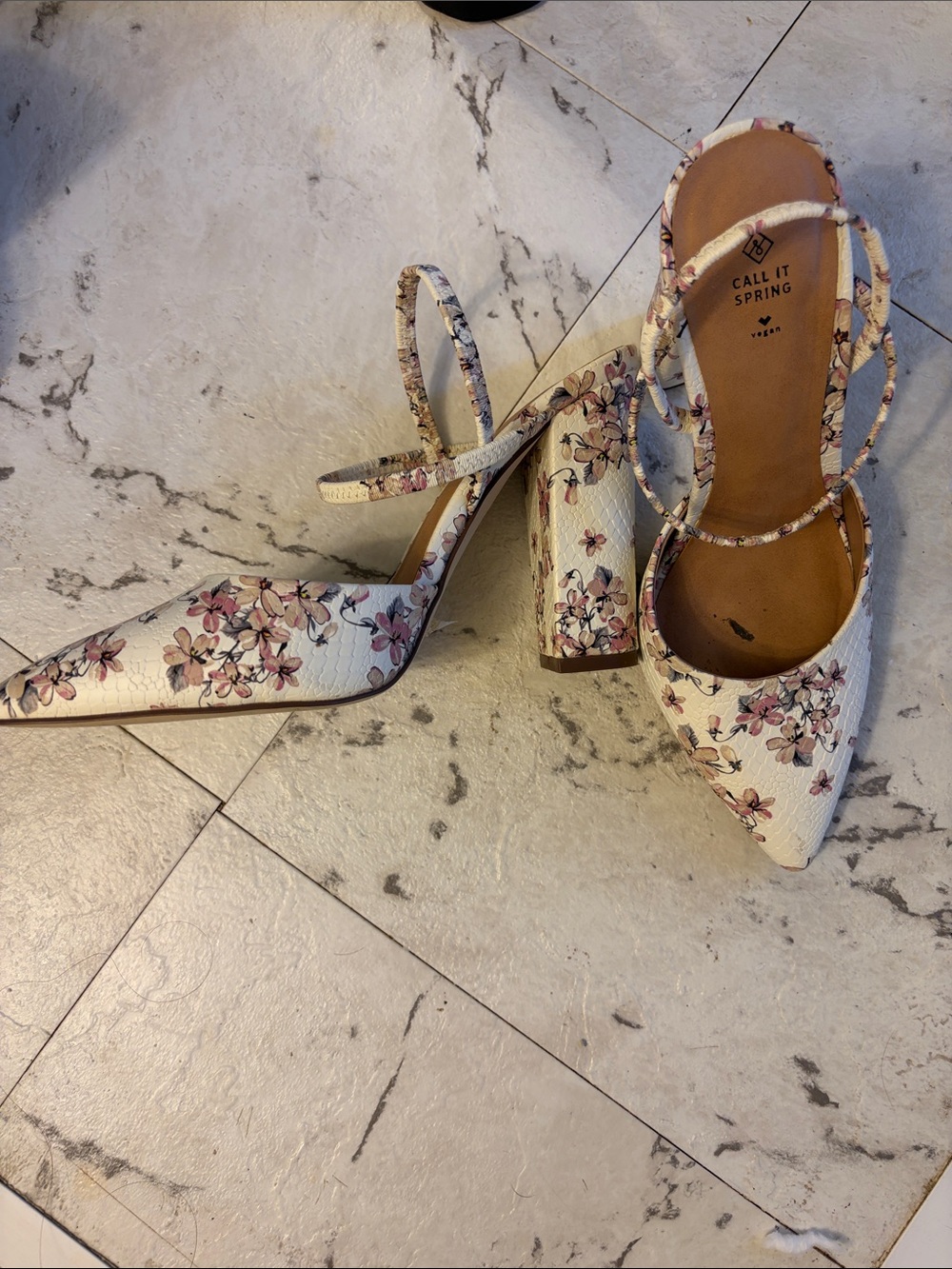 Call It Spring Ivory Floral Pointed Toe Block Heel Slingbacks
